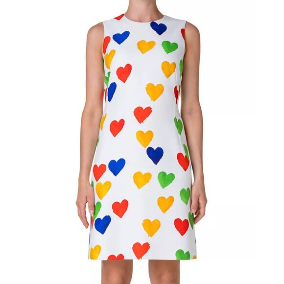 Akris Hearts Print Sheath Dress Cotton Silk White Rainbow Painterly Colorful 4 - Picture 1 of 16
